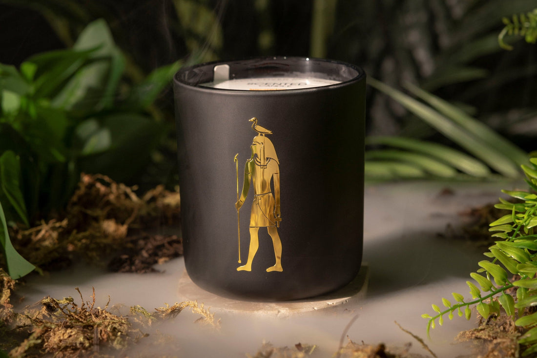 Black candle with a gold design in a natural setting