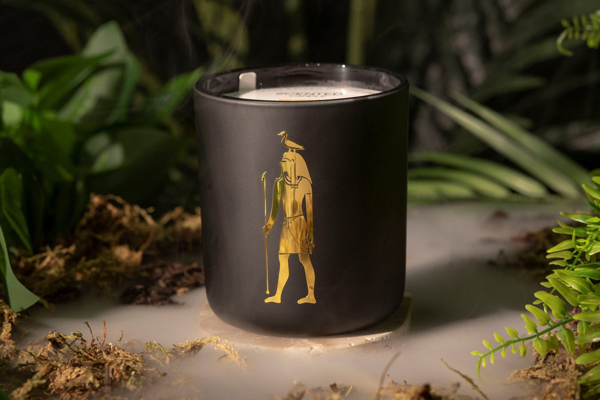 Black candle with a gold design in a natural setting